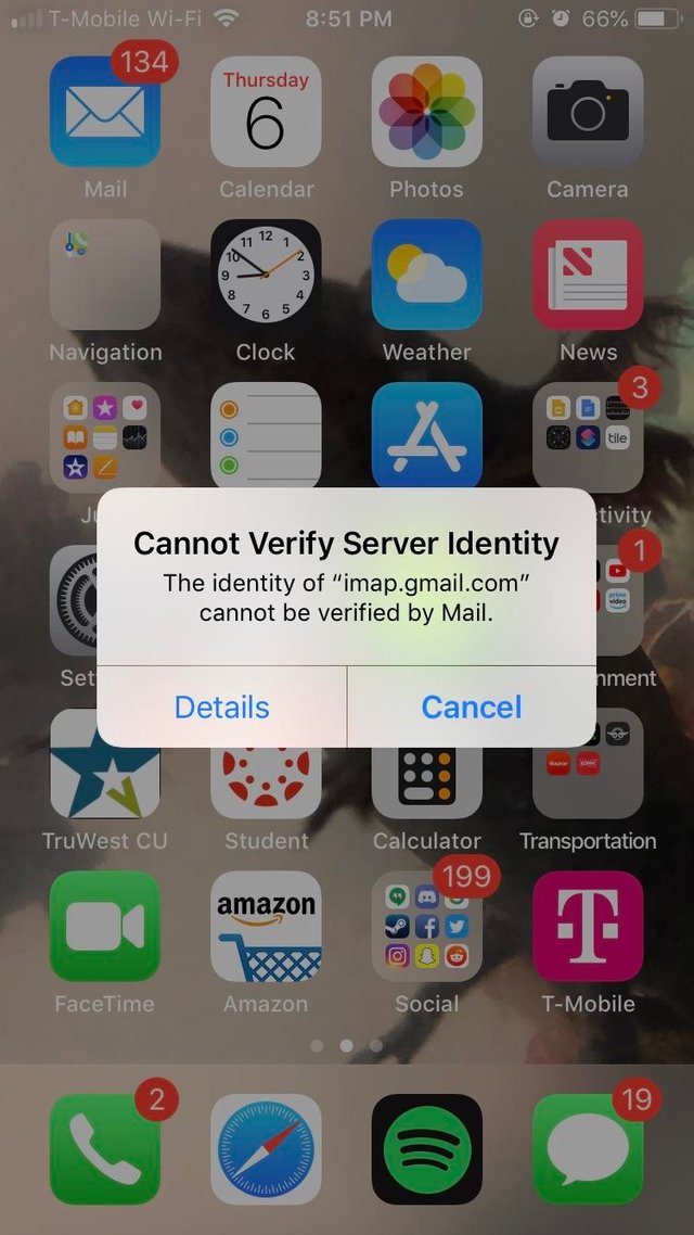 what to do mail app Cannot verify server identity error on iPhone XS max XS XR X troublshooting