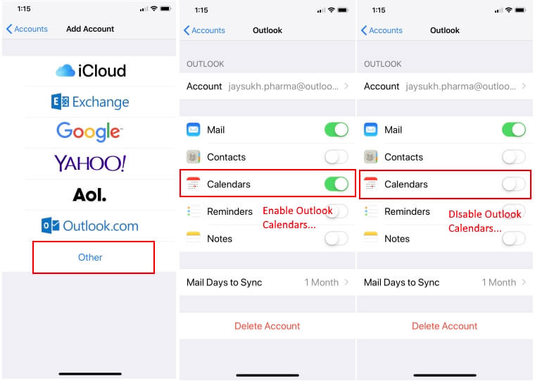 2 Включите Календарь Outlook на iPhone для копирования на iPhone