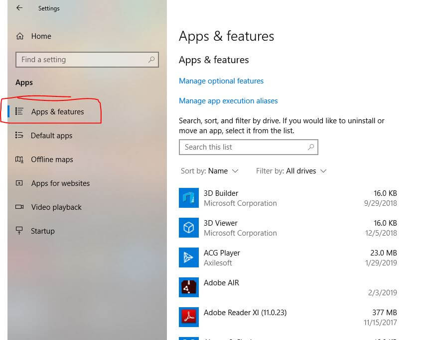 Apps and Features option in Windows 10 settings