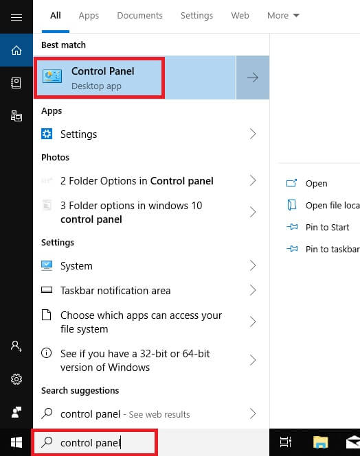 Control Panel on Windows 10