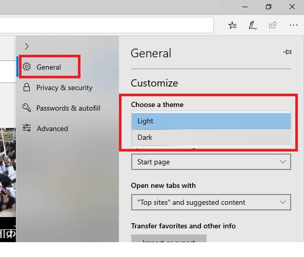 Dark Theme option on Windows Microsoft Edge browser