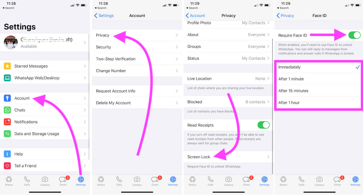 Enable FaceID on iPhone from WhatsApp Settings