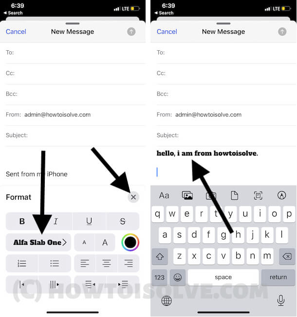 Start Sending mail using Different font style on iPhone