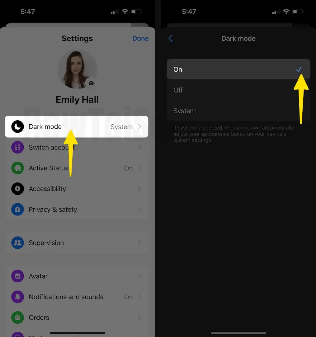 Tap Dark Mode next On Button On iPhone