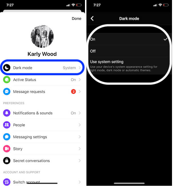 Dark mode settings on iPhone Messenger app