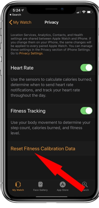 Reset Fitness Calibration Data settings on Apple Watch from iPhone