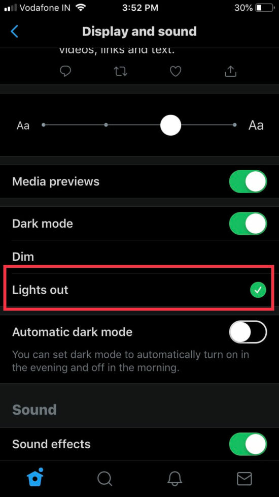 tap on lights option to activate twitter dark mode on iPhone iPad
