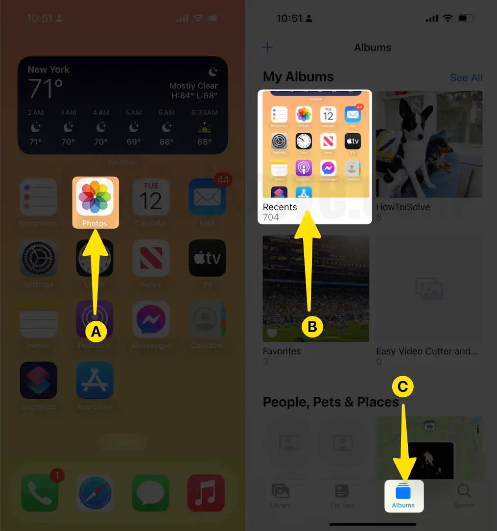 Open the photo tap albums then recents on iphone