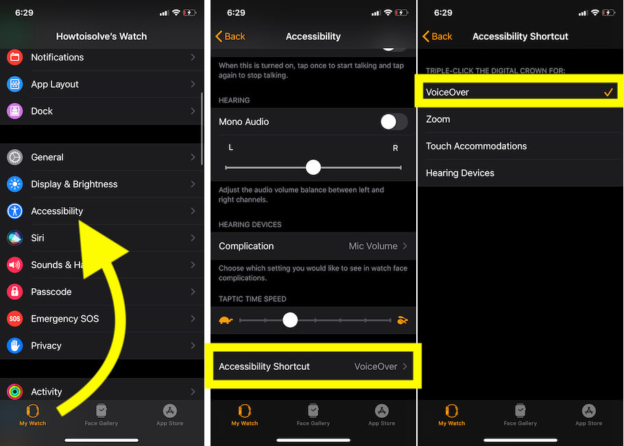 Enable Voiceover on Apple Watch with Tripple click on Digital Crown button