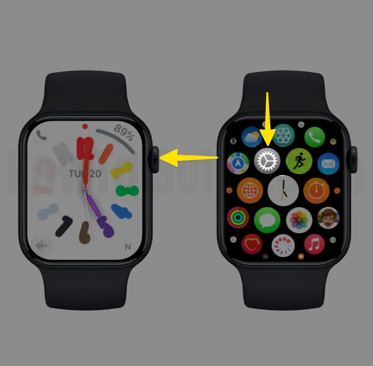 Open apple watch click button tap home screen settings on apple watch
