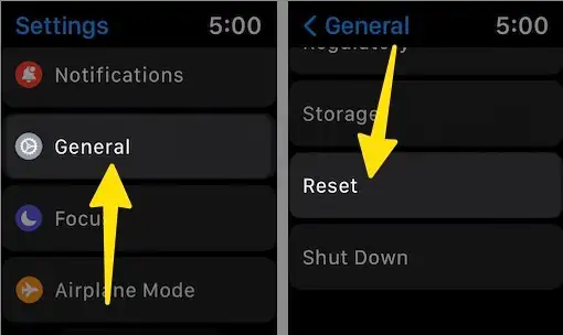 Click general select reset on apple watch