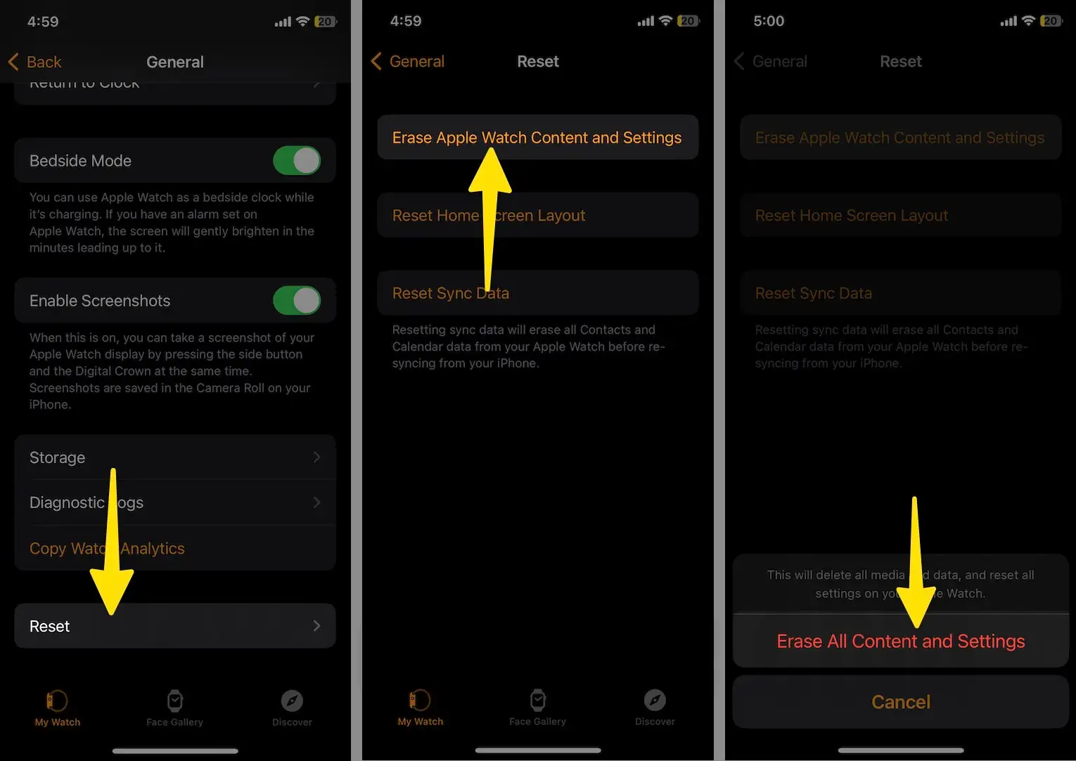 Click reset tap on Erase Apple Watch Content and Settings choose erase all content and settings on iPhone