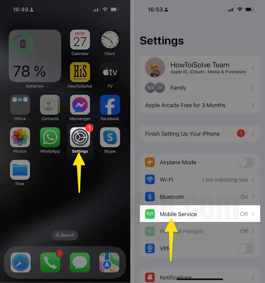 Open Settings Select Mobile Service on iPhone