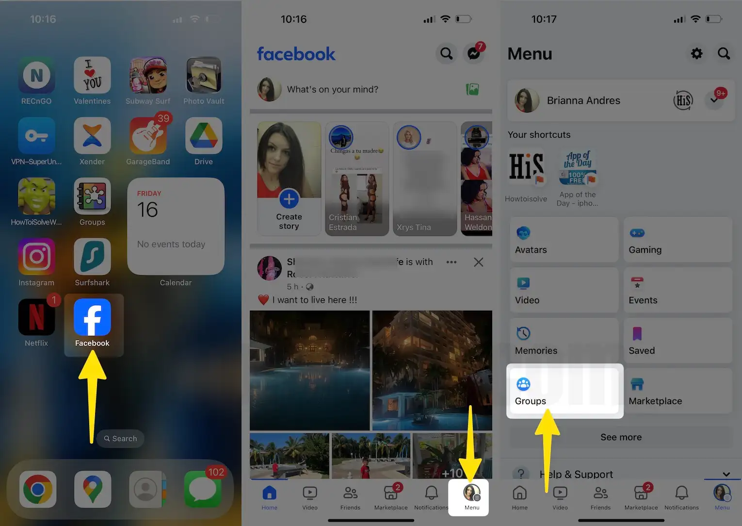 Open facebook app tap menu click groups on iPhone