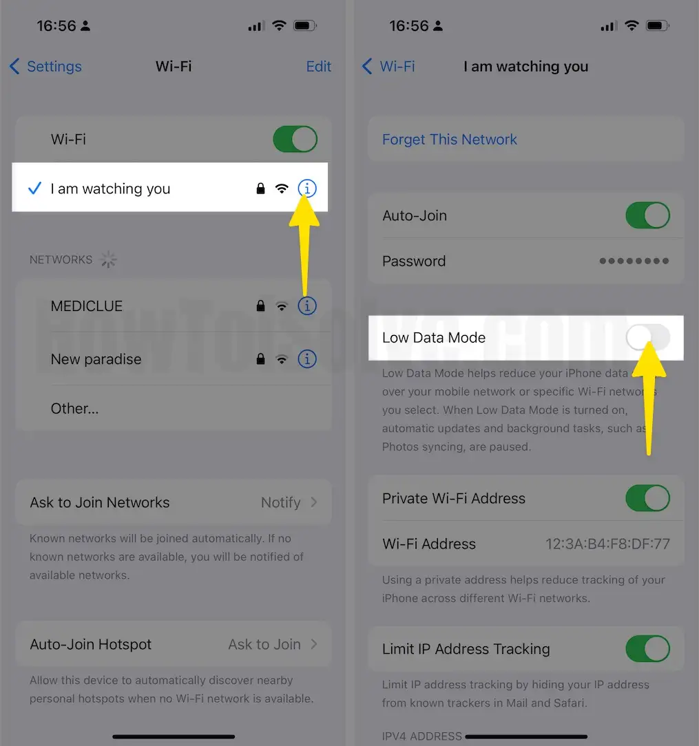 Tap on i Next to the Wi-Fi Name Disable Low Data Mode on iPhone