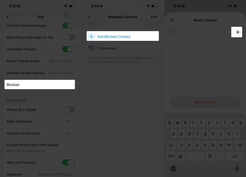 Add Blocked Contact in mail app settings
