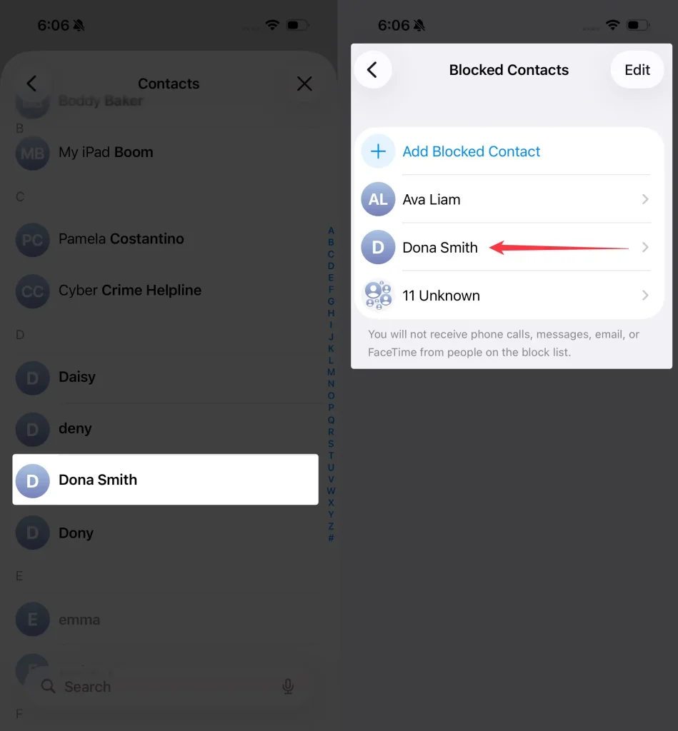 Blocked Contacts appear on the on mail app settings screen on iPhone