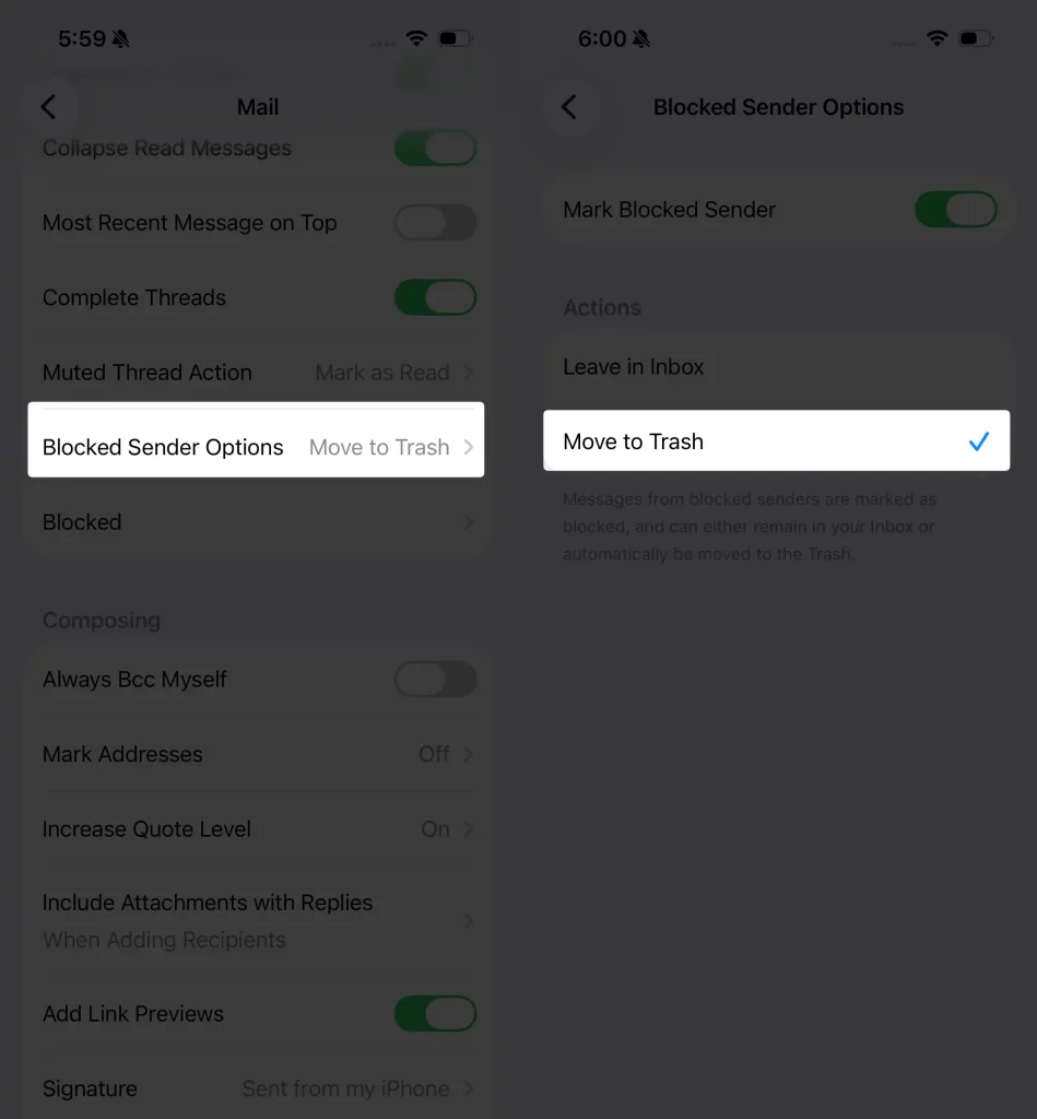 Blocked Sender Options in mail app settings on iPhone