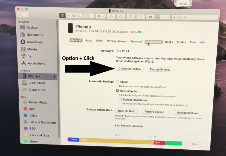 Проверьте обновление iPhone с помощью Finder на MacOS Catalina
