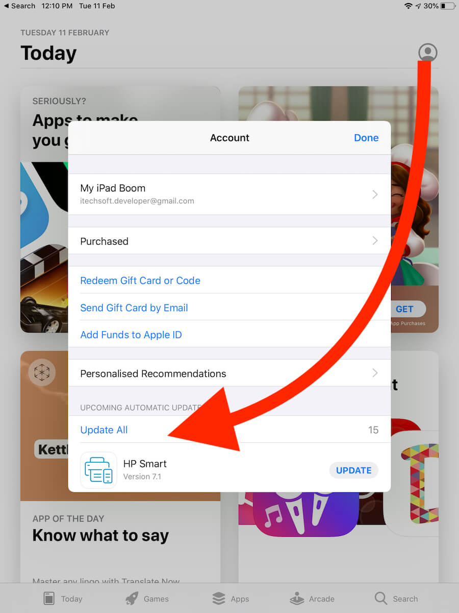 Update Apps option on iPad App Store