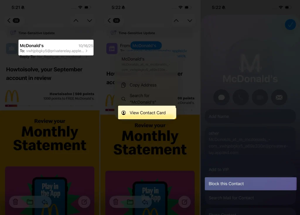 View Contact Card to block email on iPhone