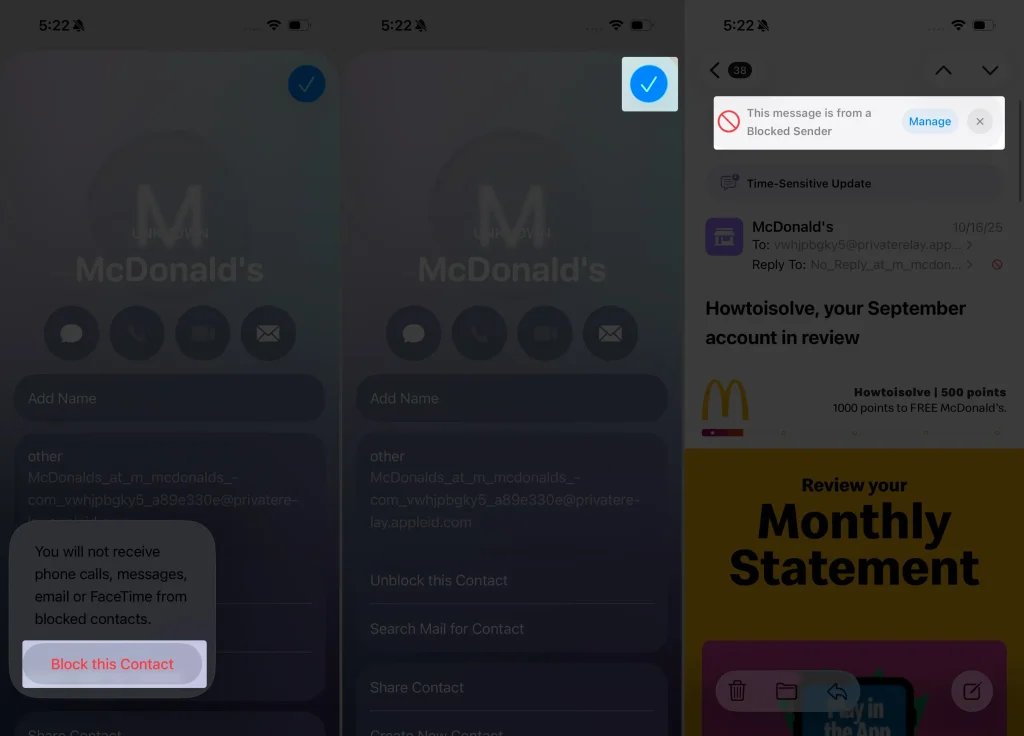 confirm to Block this Contact to block email on iPhone