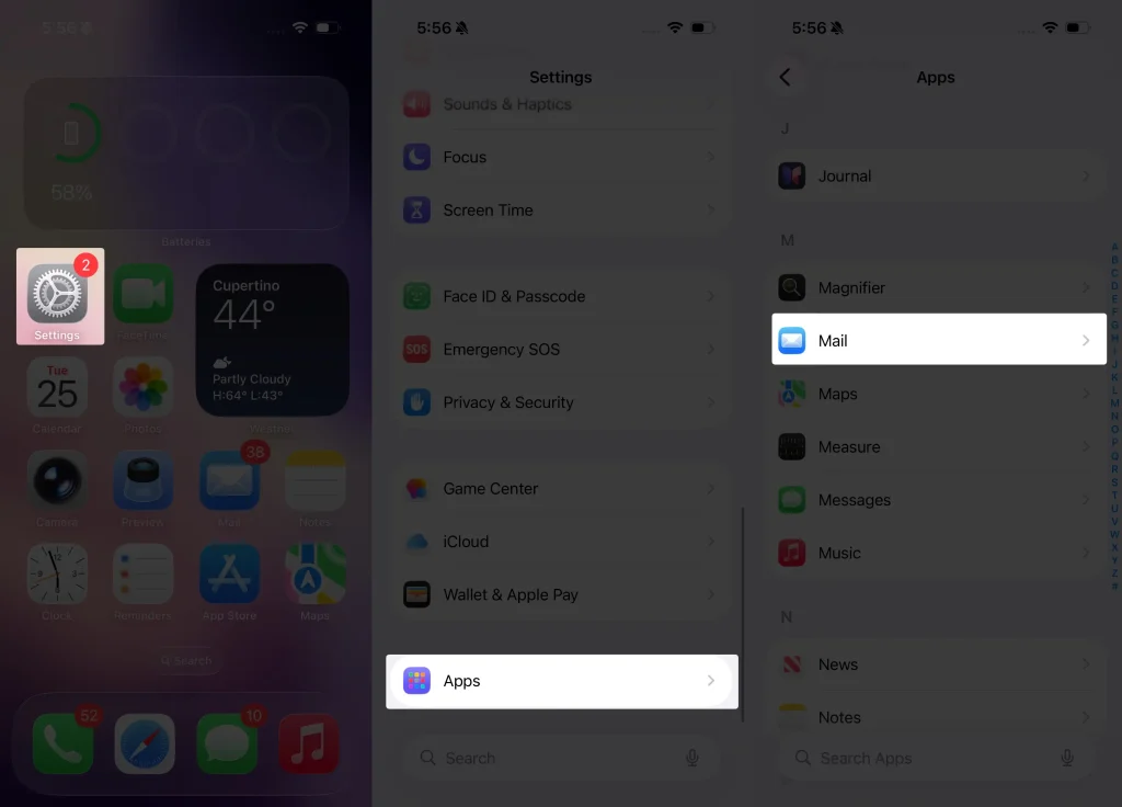where is mail app settings on iPhone