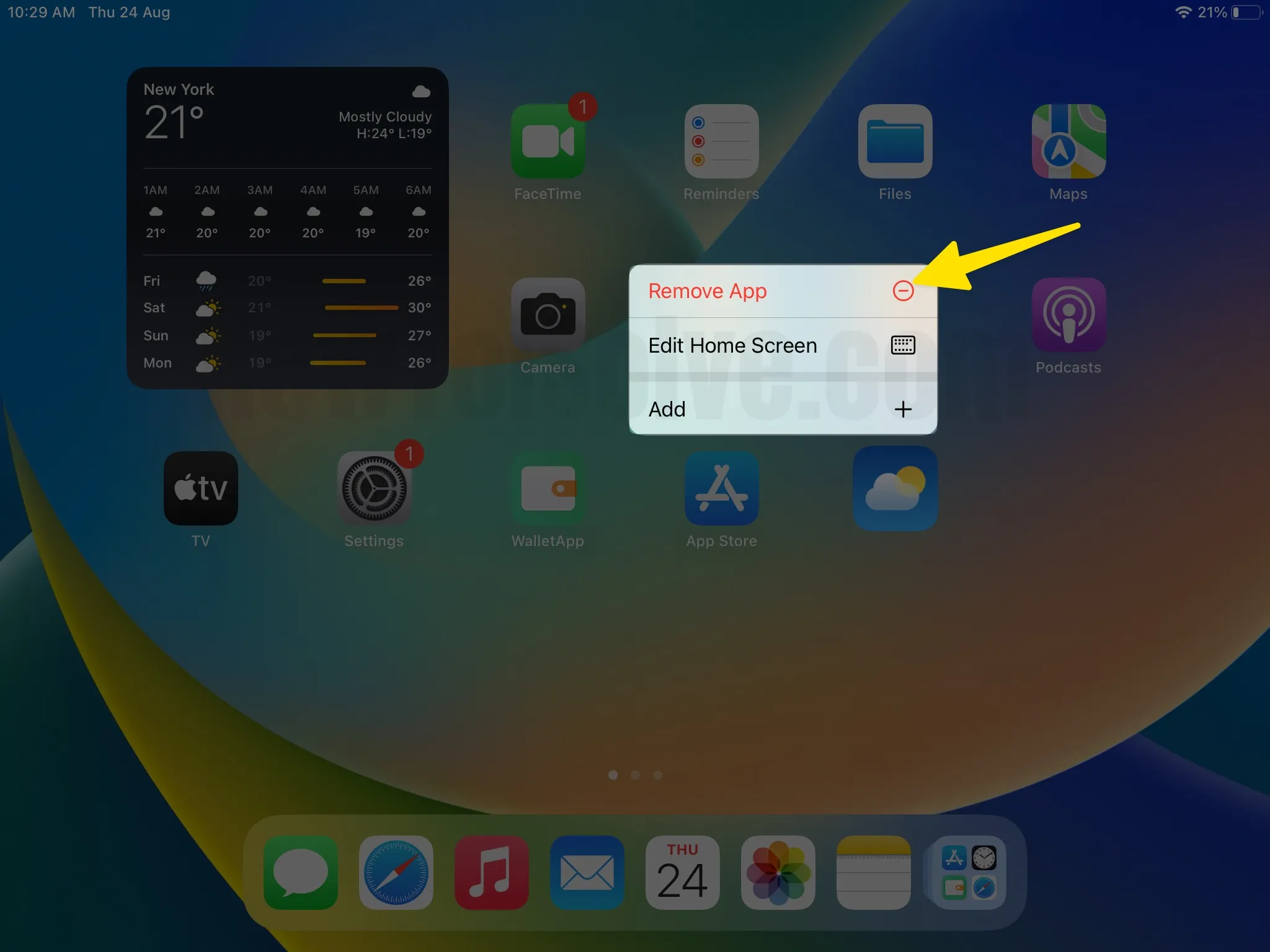 Tap remove app to delete an app on ipad