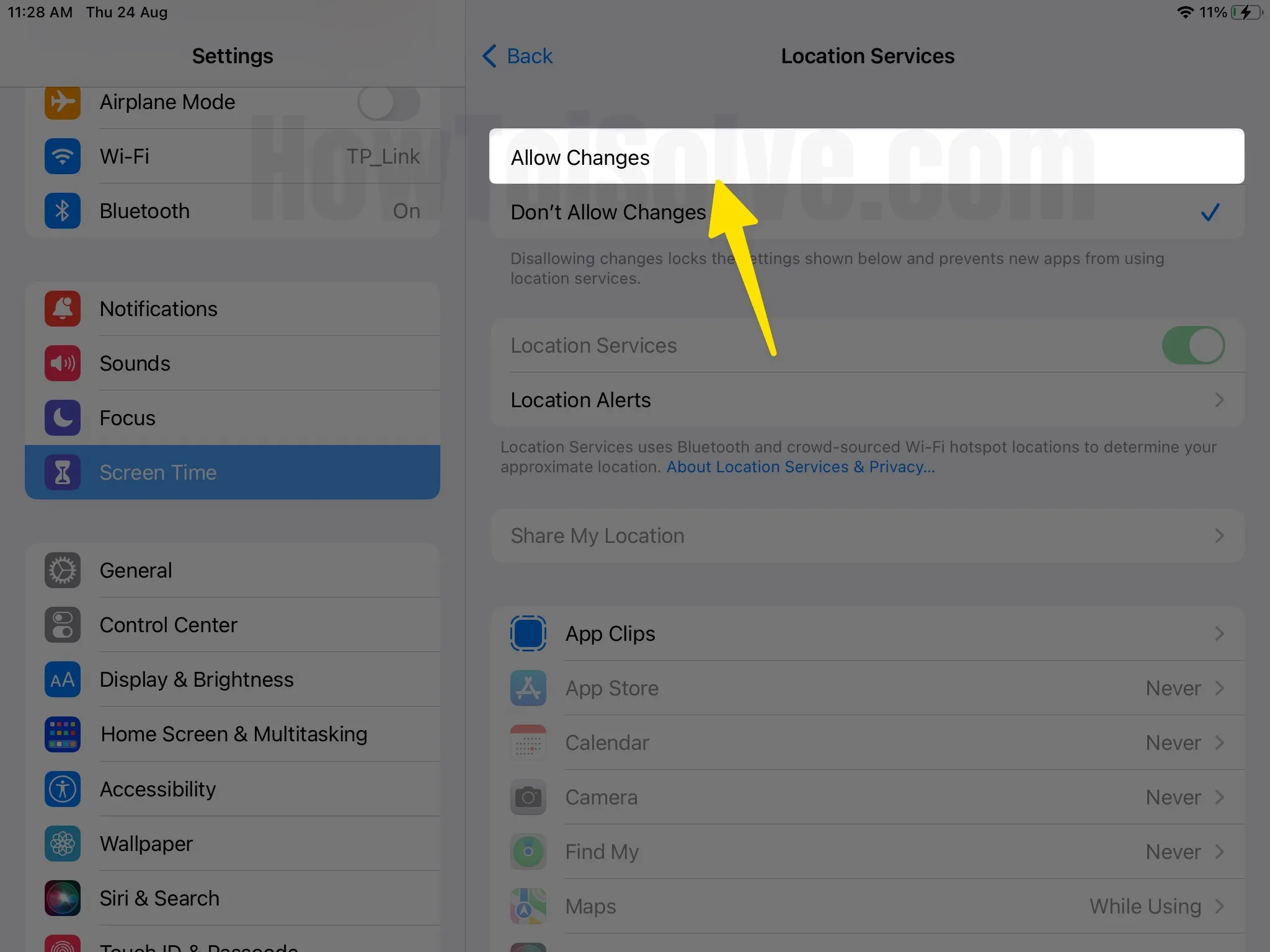 Click on allow changes on ipad screen time location service settings