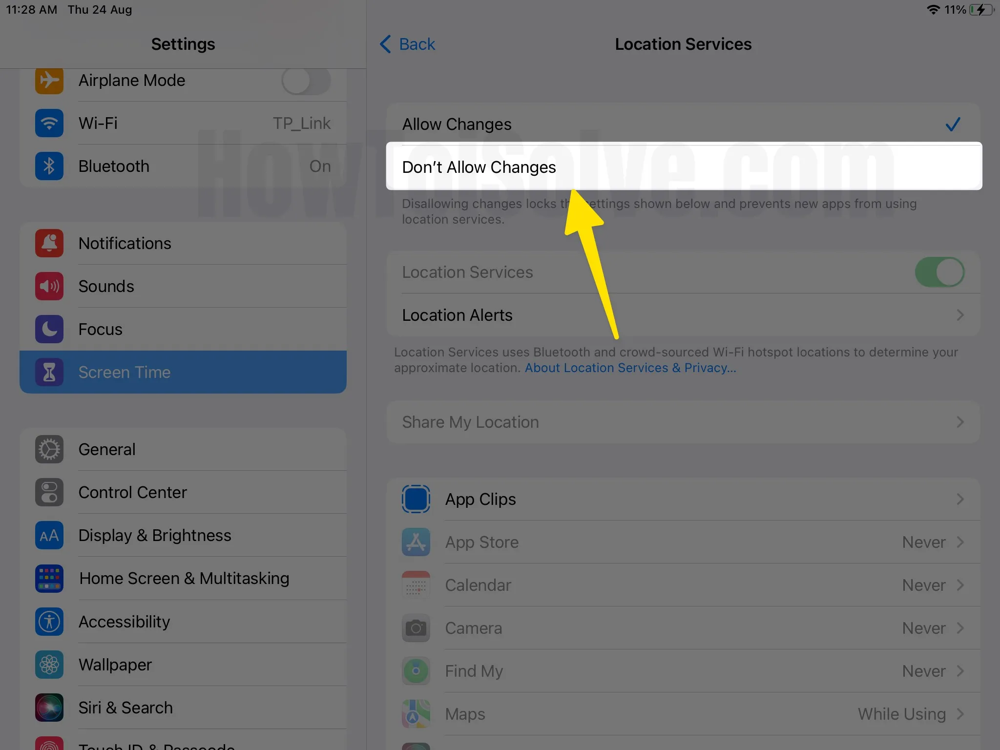 Select don't allow changes on iPad screen time settings location services