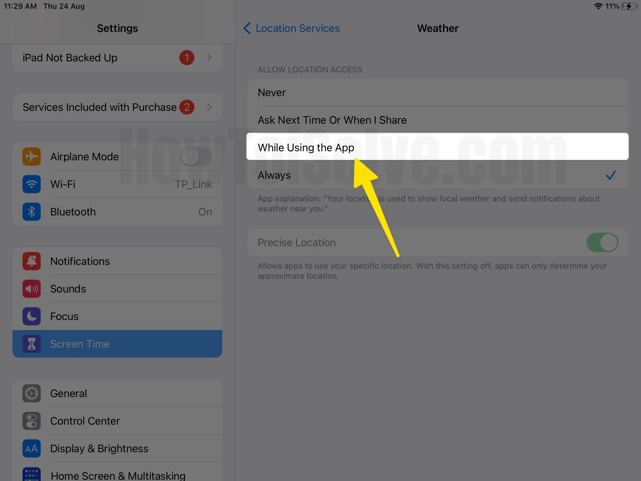in weather screen time settings Choose while using the app on ipad