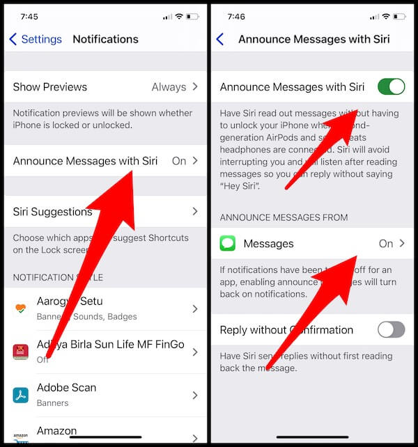 Announce Messages with siri on iPhone settings