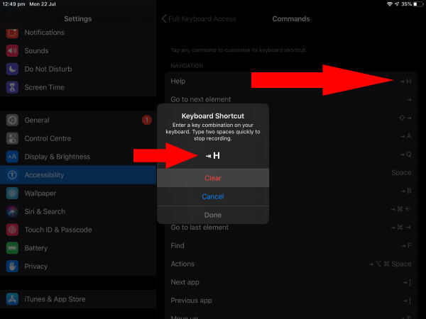 Применить другое сочетание клавиш на iPadOS