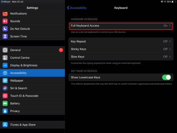 Полный доступ к клавиатуре в настройках клавиатуры iPad