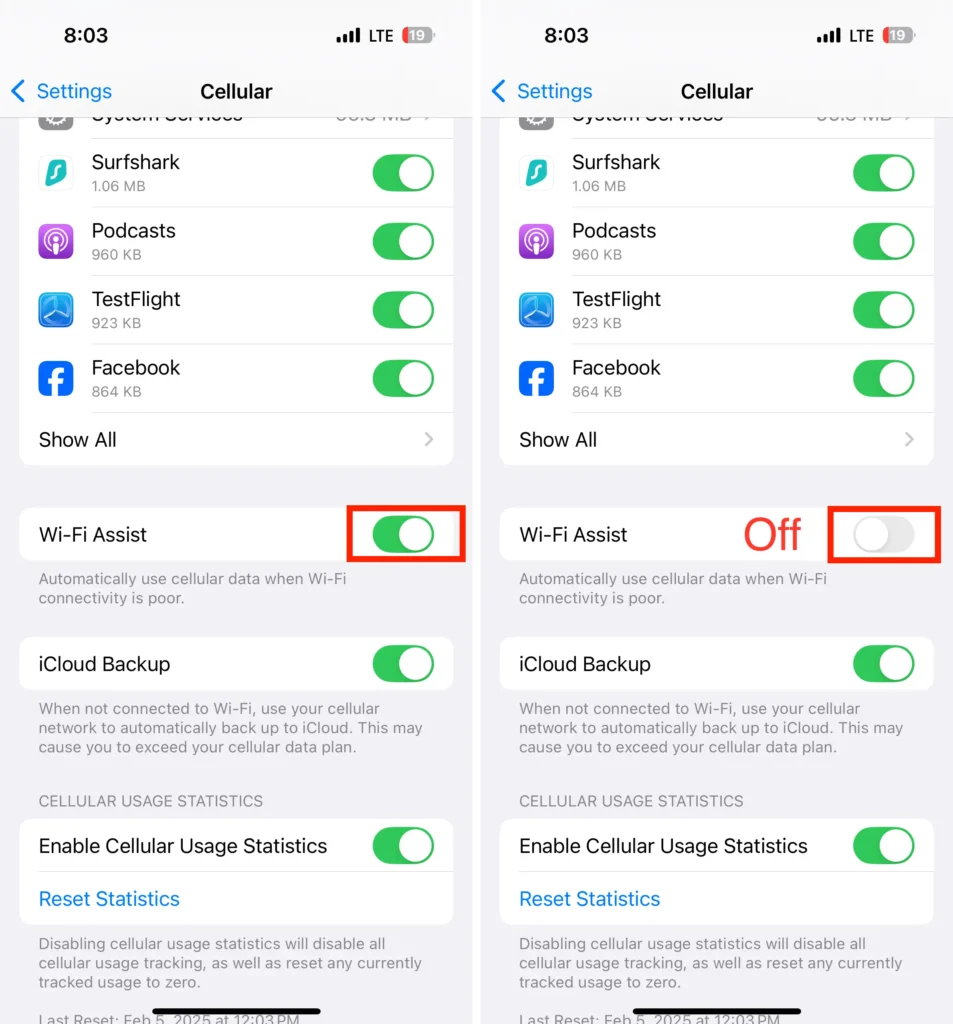 Turn off Wi-Fi Assist on iPhone