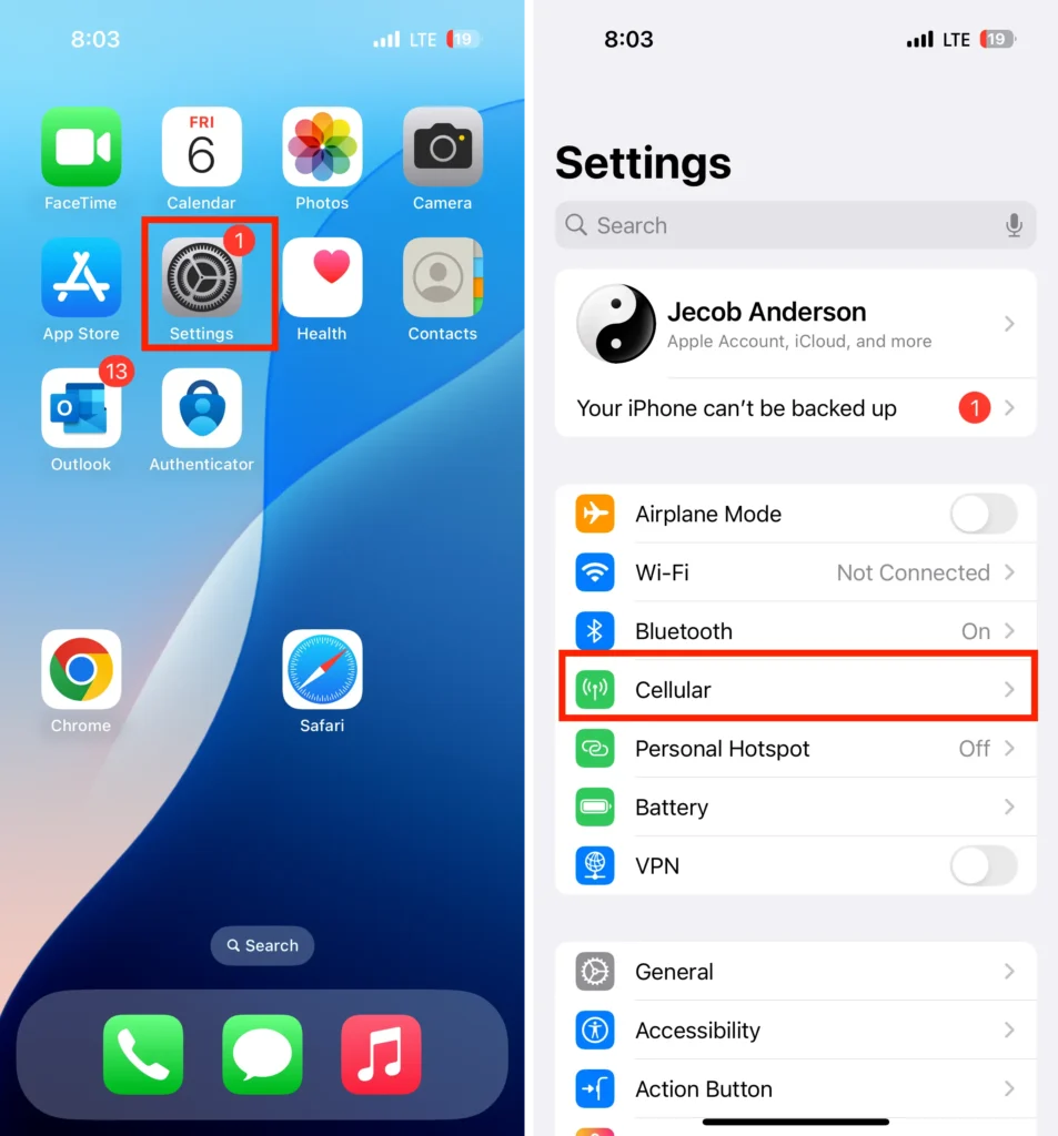 open cellular setting on iPhone to access Wi-Fi Assist setting