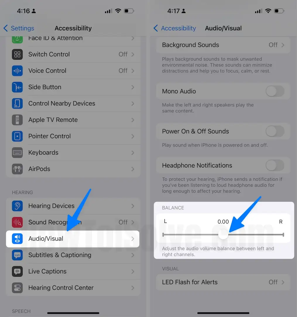 Audio Visual Settings for Left and Right iPhone Speaker