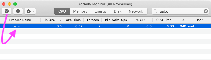 Force Close USB port process from Activity Monitor on Mac