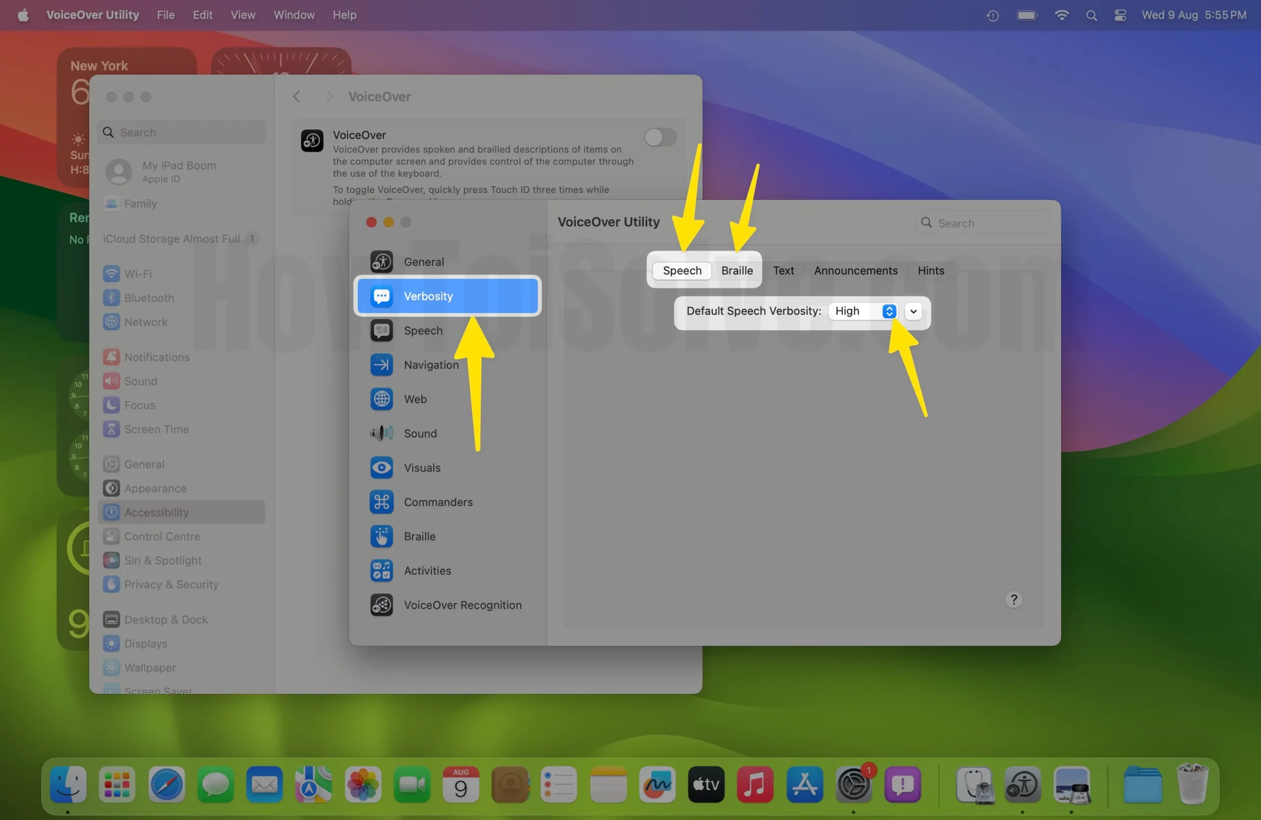 Go to verbosity select speech or braille on mac