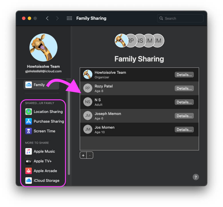 Family Sharing Service and Plans check on MacOS