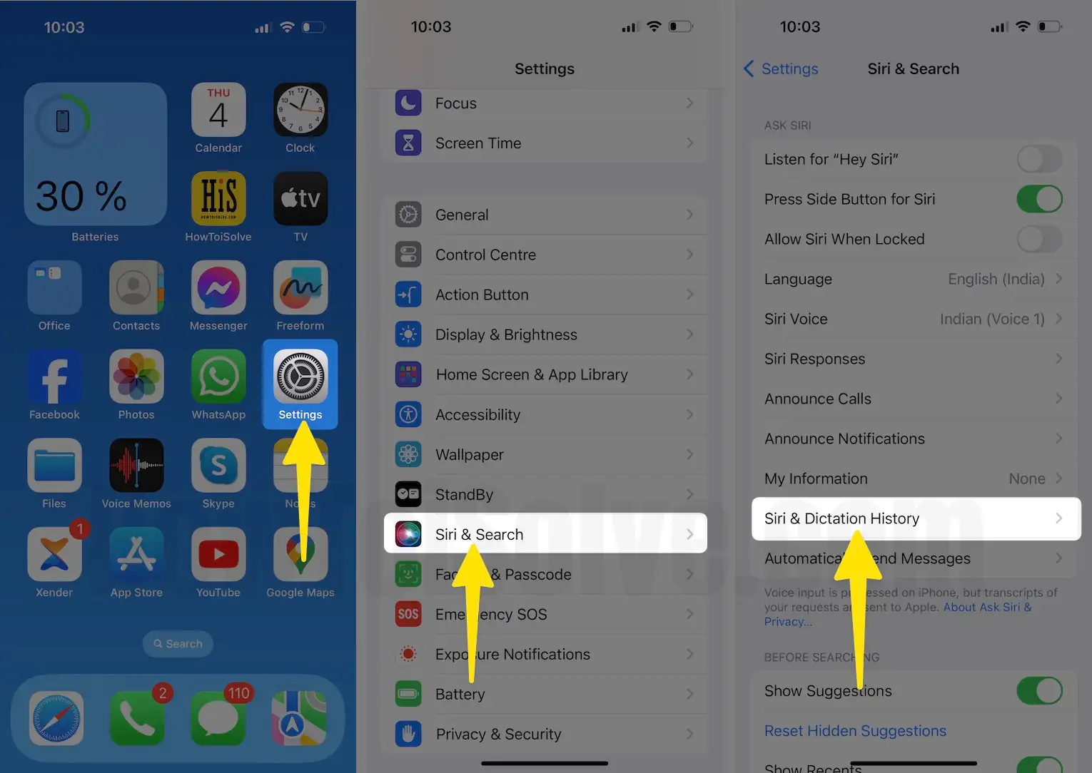 Launch the settings app tap on siri 7 search click Siri & Dictation History on iPhone