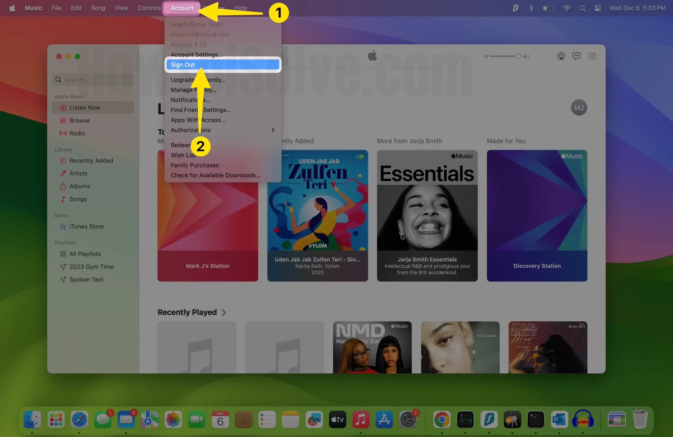 Open music app click on account select sign out on mac