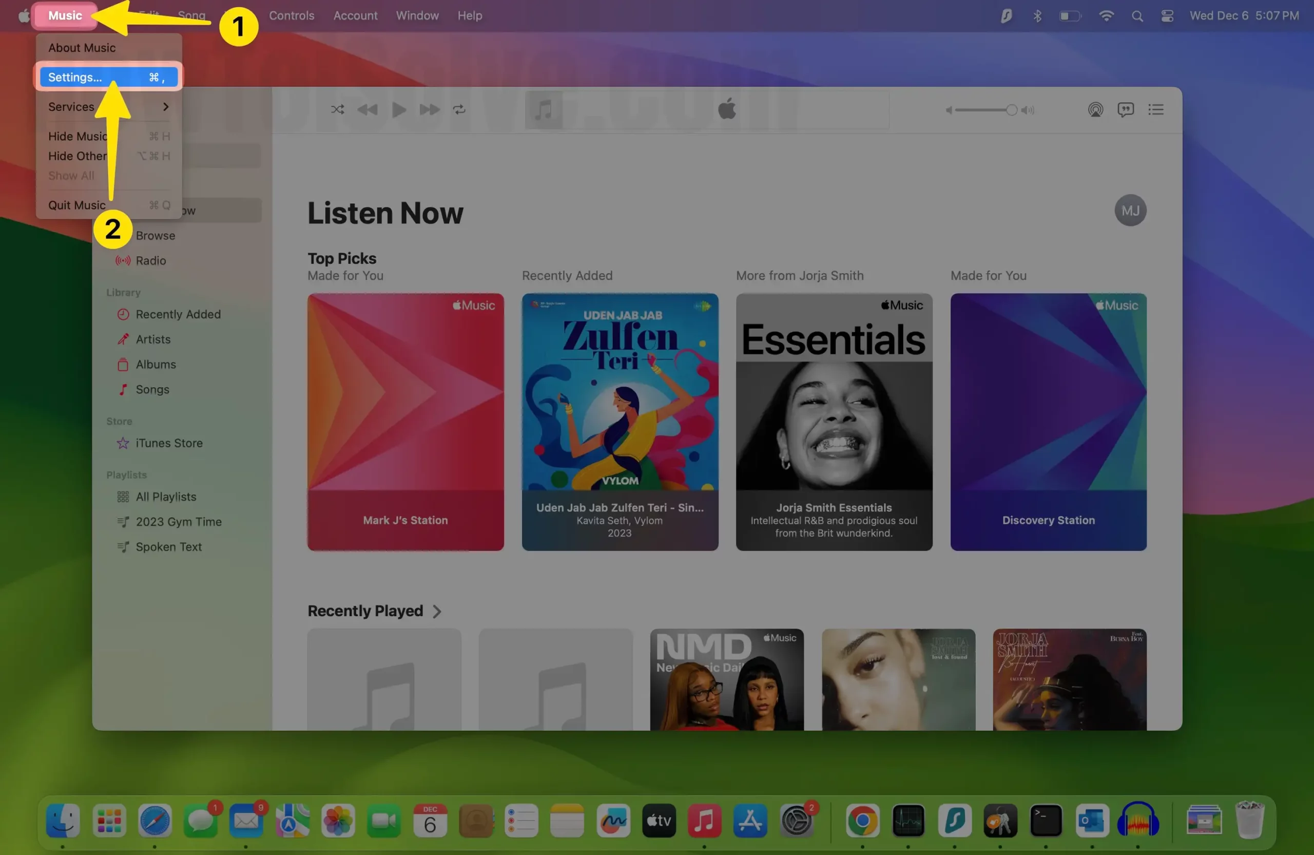 Open music app select settings... on mac
