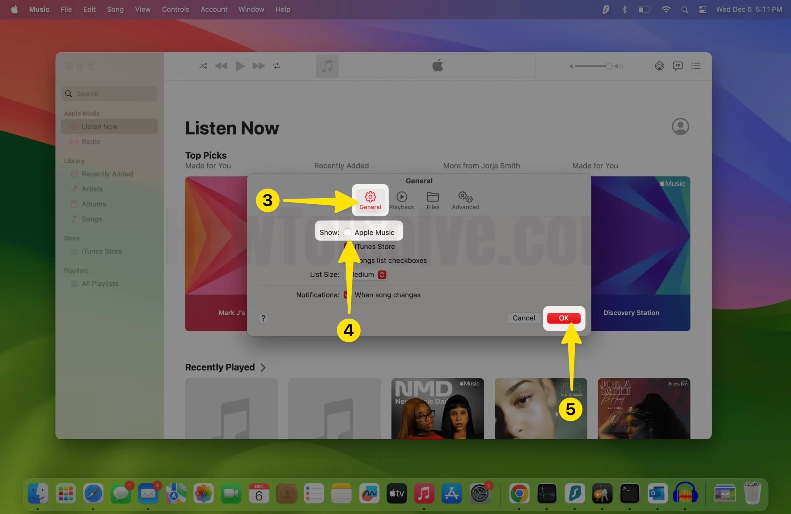 Click general tab below show uncheck apple music choose ok button on mac