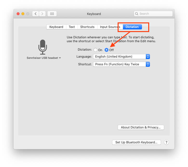 Turn off Dictation Recording from apple server on Mac