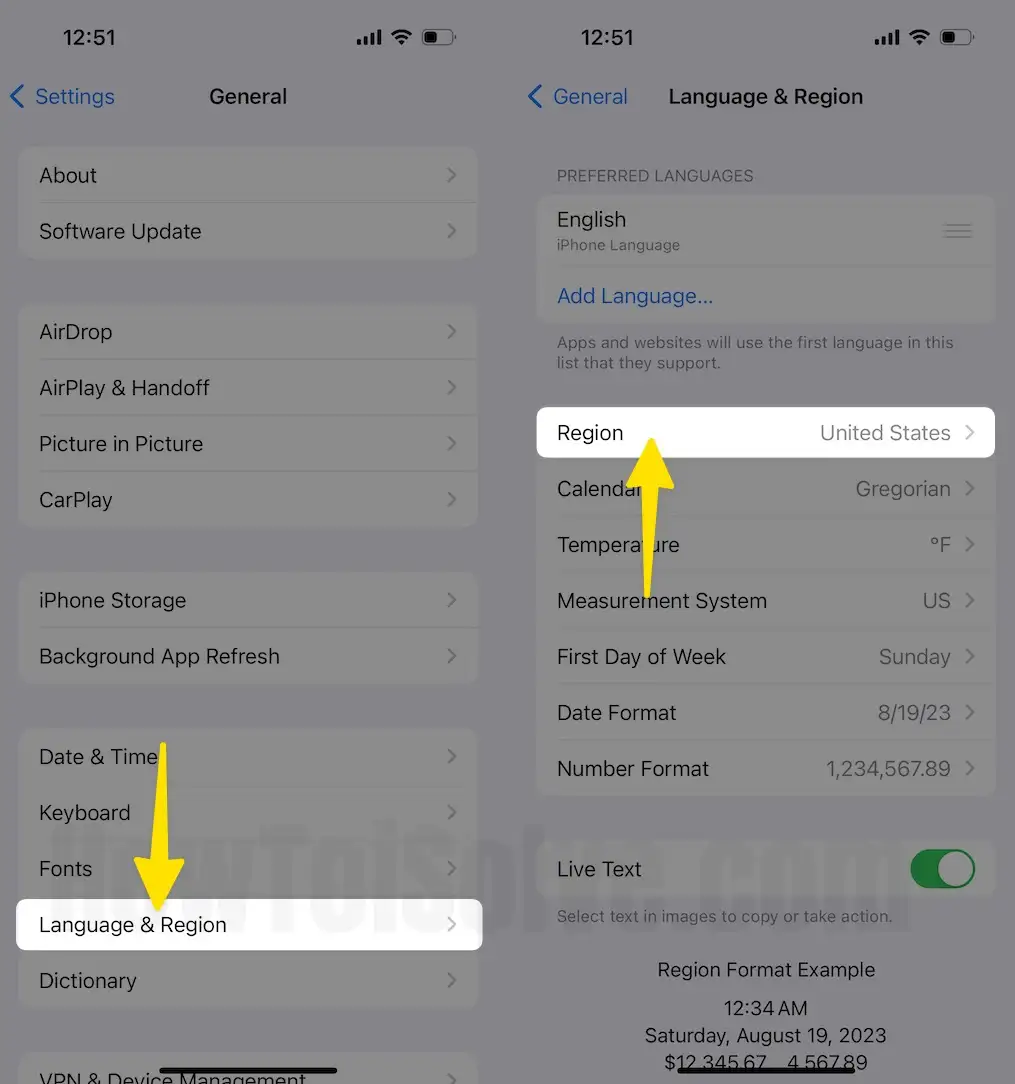 Click Languages & region select region on iPhone