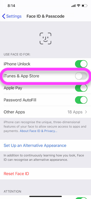 Disable Face ID for iTunes and App Store