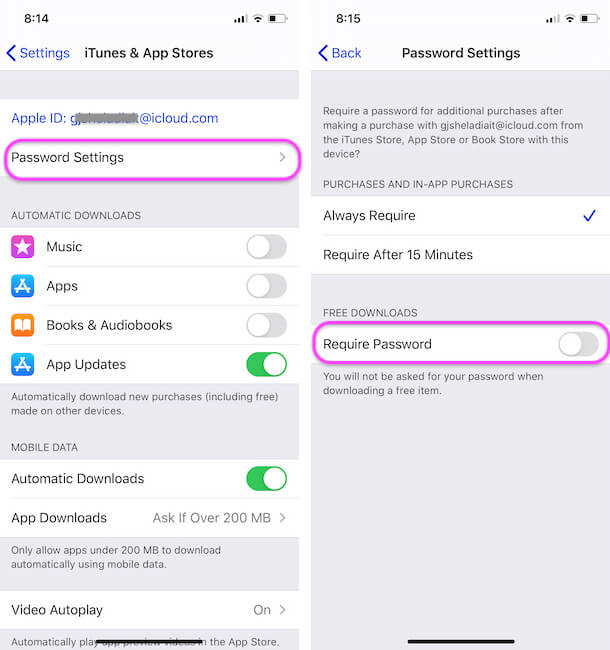Password Settings for Turn off Require Password on Free Downloads