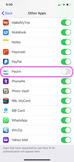Turn off Face ID for Individual app on iPhone settings