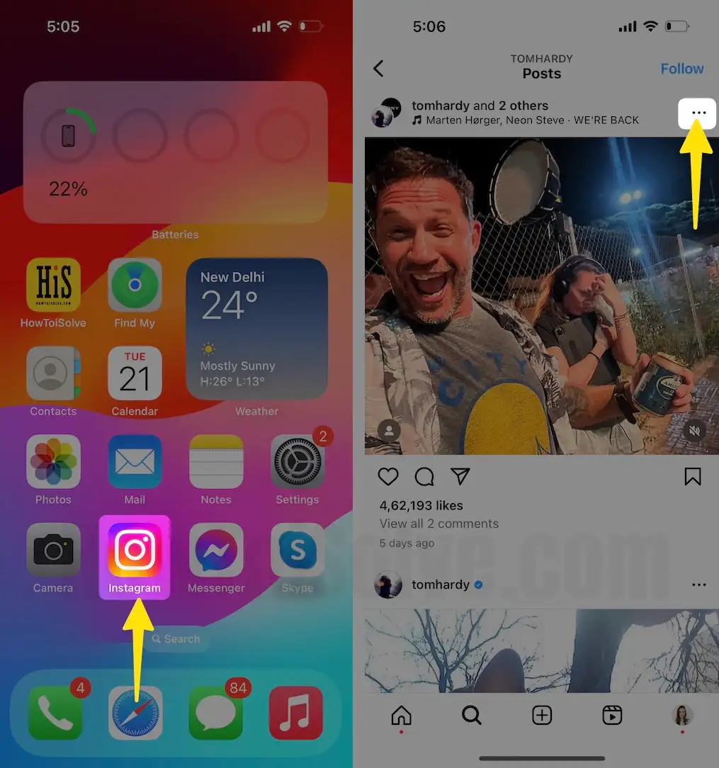 Launch the Instagram tap on three icon on iPhone